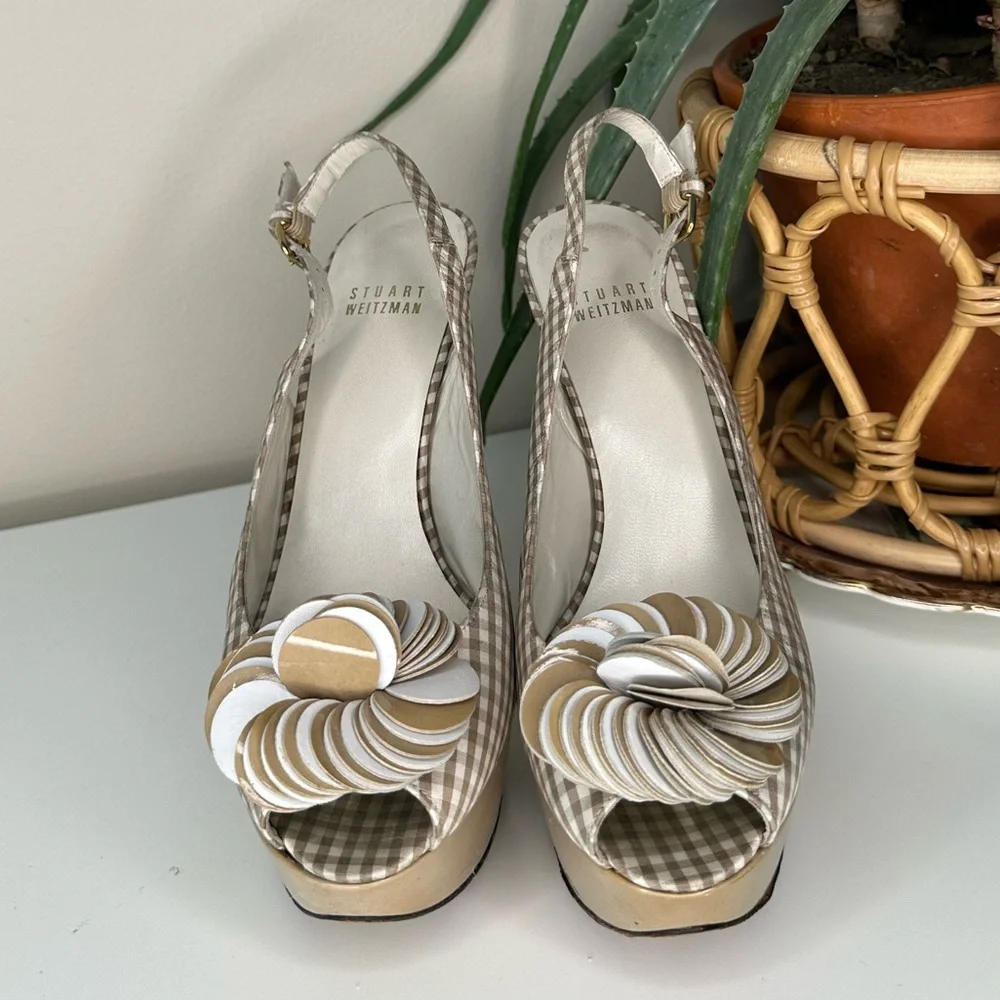 Stuart Weitzman Gingham Slingback Heels 7M | Platform Peep Toe Floral Bow - Picture 6 of 14